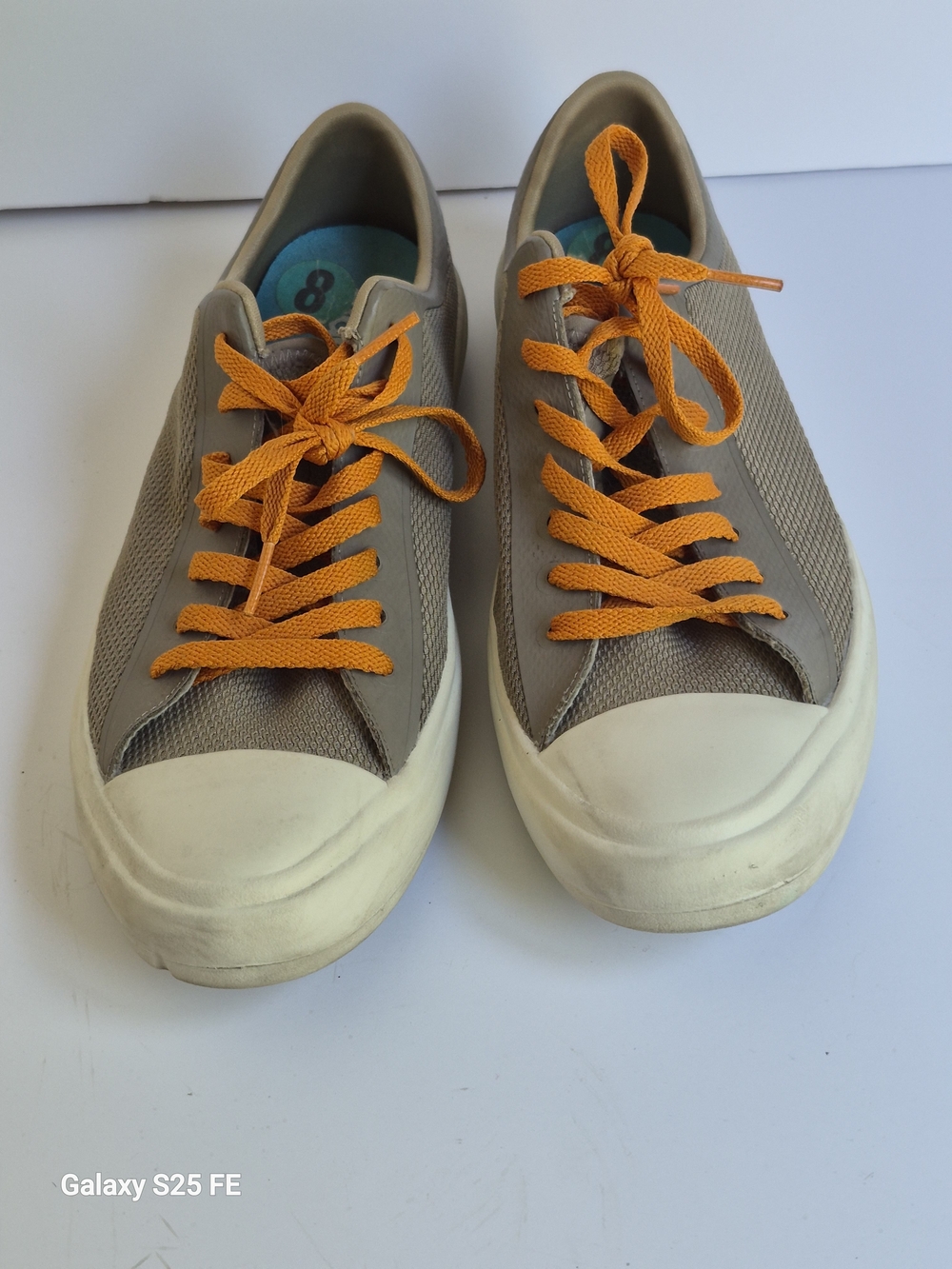 Casual Beige Canvas Sneakers with Bright Orange Laces